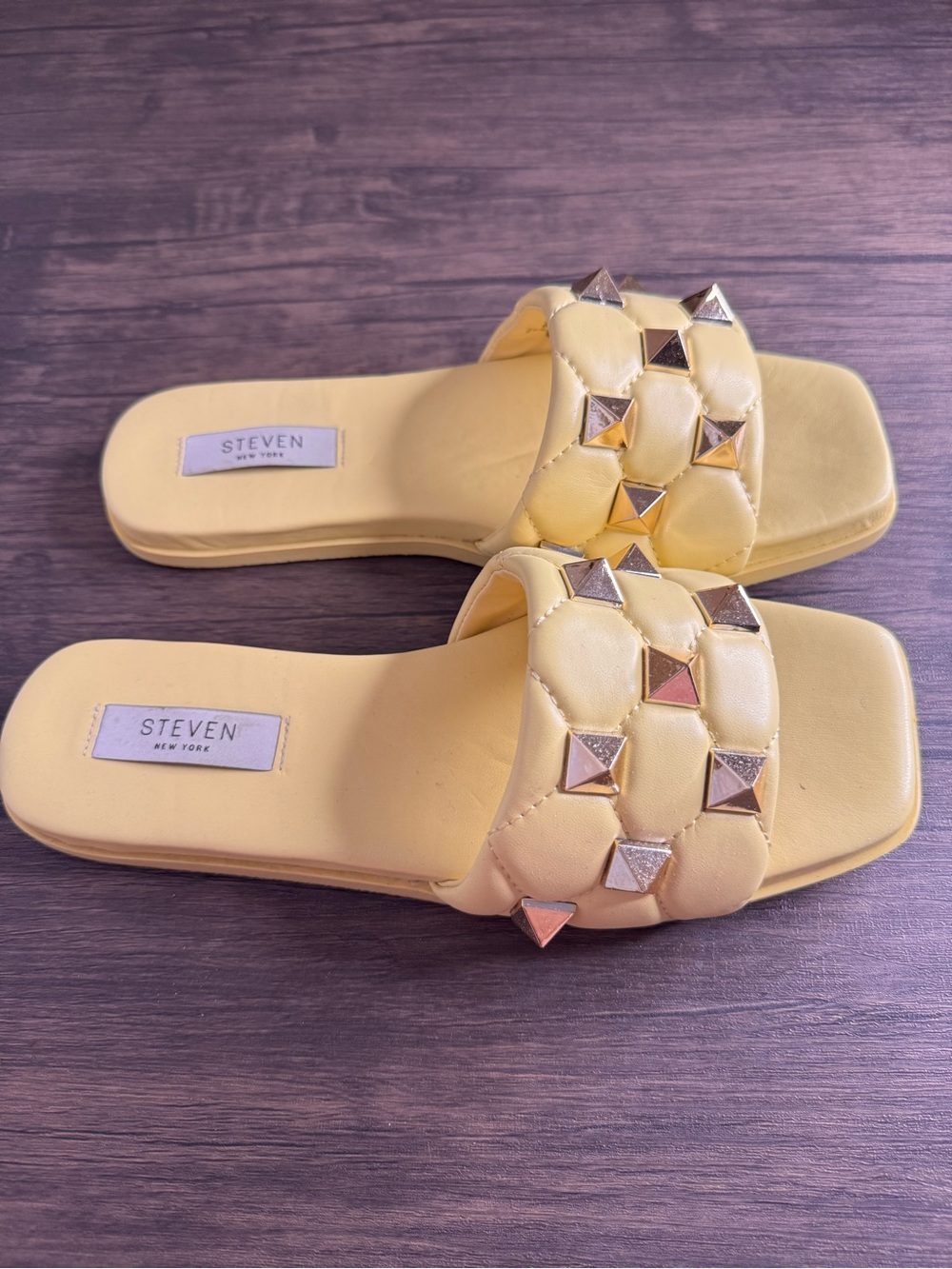 Steve Madden Yellow Quilted Slide Sandals with Pyramid Studs